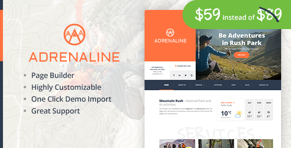 Extreme sports WordPress theme for outdoor adventure businesses - Adrenaline - Travel Retail