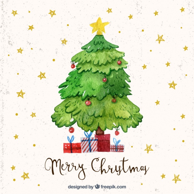 Watercolor christmas tree stars background Free Vector