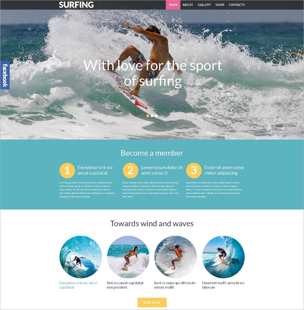 Surfing Sport Responsive WordPress Theme $75